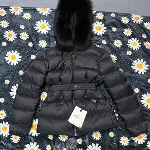 Moncler Maya series black fox fur collar slim-fit down jacket, women's size L.